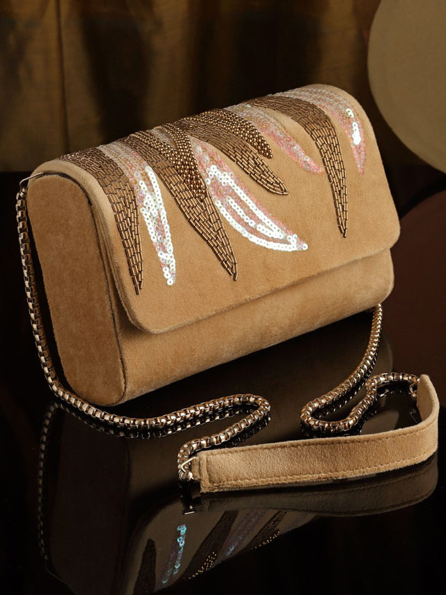 Beige Suede Abstract Embellished Clutch