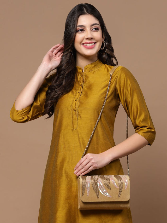 Beige Suede Abstract Embellished Clutch