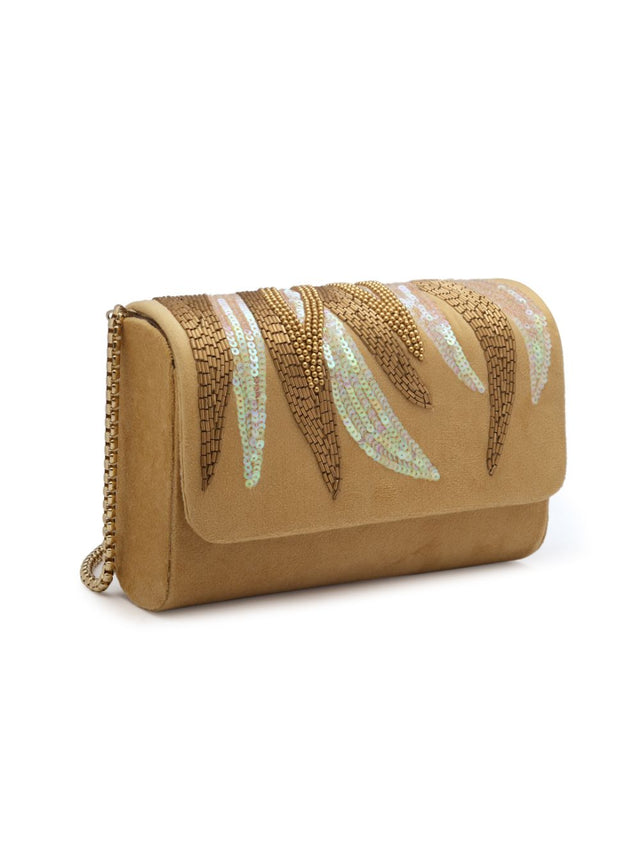 Beige Suede Abstract Embellished Clutch