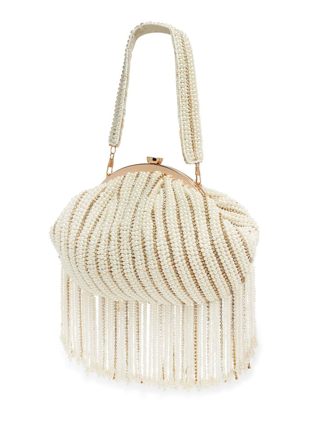 White Faux Silk Striped Embellished Clutch