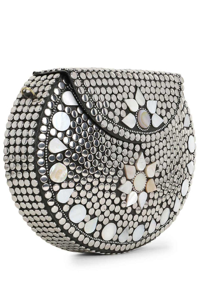 Mosaic Silver & White Metal Floral Mosaic Clutch