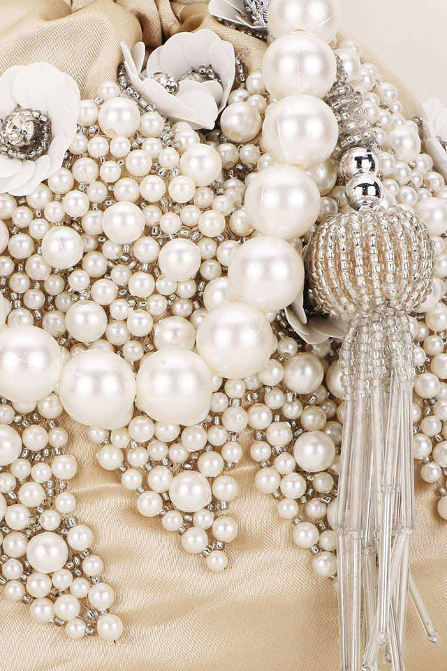 Cream And White Satin Floral Embellished Potli