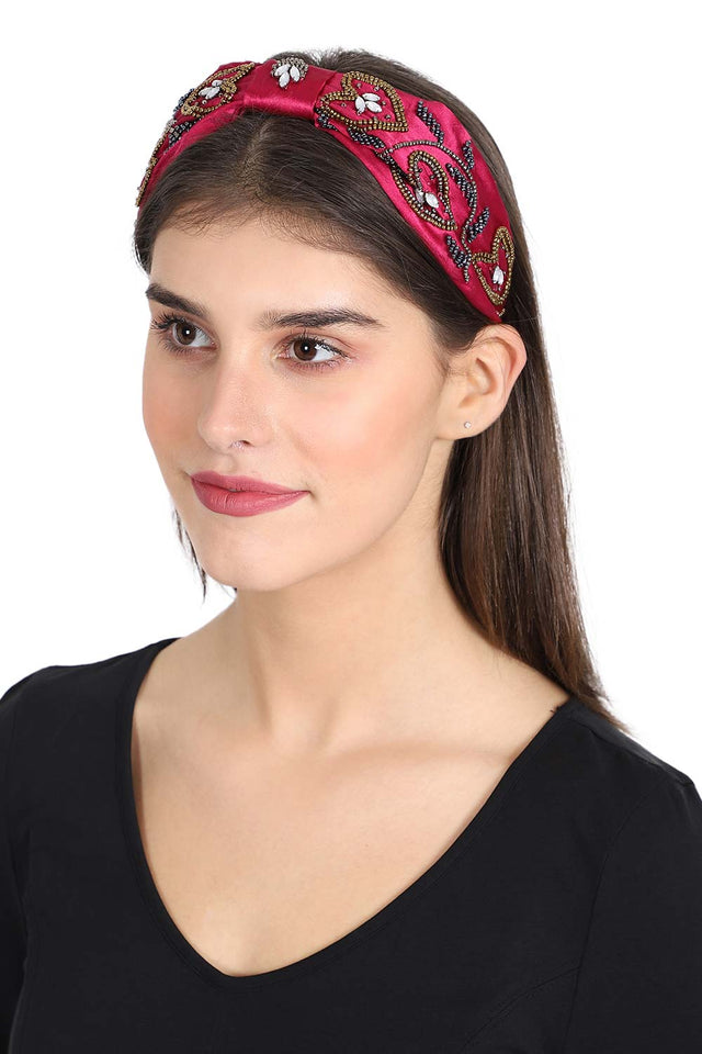 Magenta & Multi Faux Silk Floral Embellished Hairband