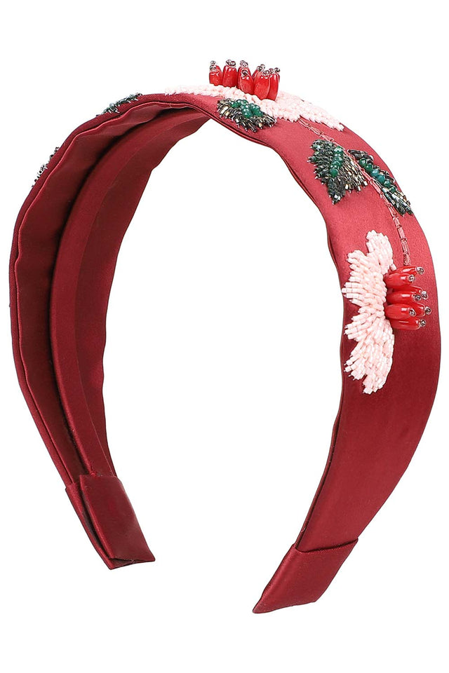 Wine & Multi Faux Silk Floral Embellished Hairband