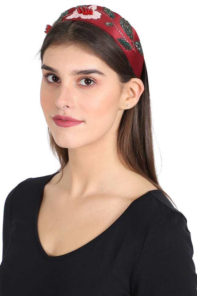 Wine & Multi Faux Silk Floral Embellished Hairband