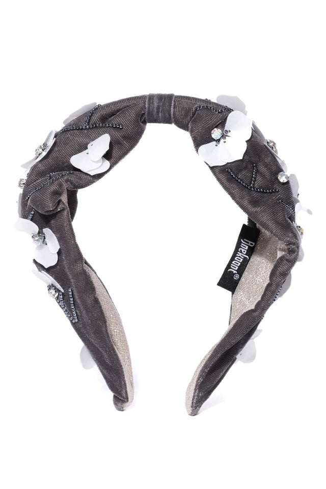 Grey & White Floral Embellished Velvet Hair Band