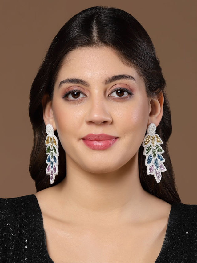 White & Multi Leaf Shaped Handcrafted Drop Earrings