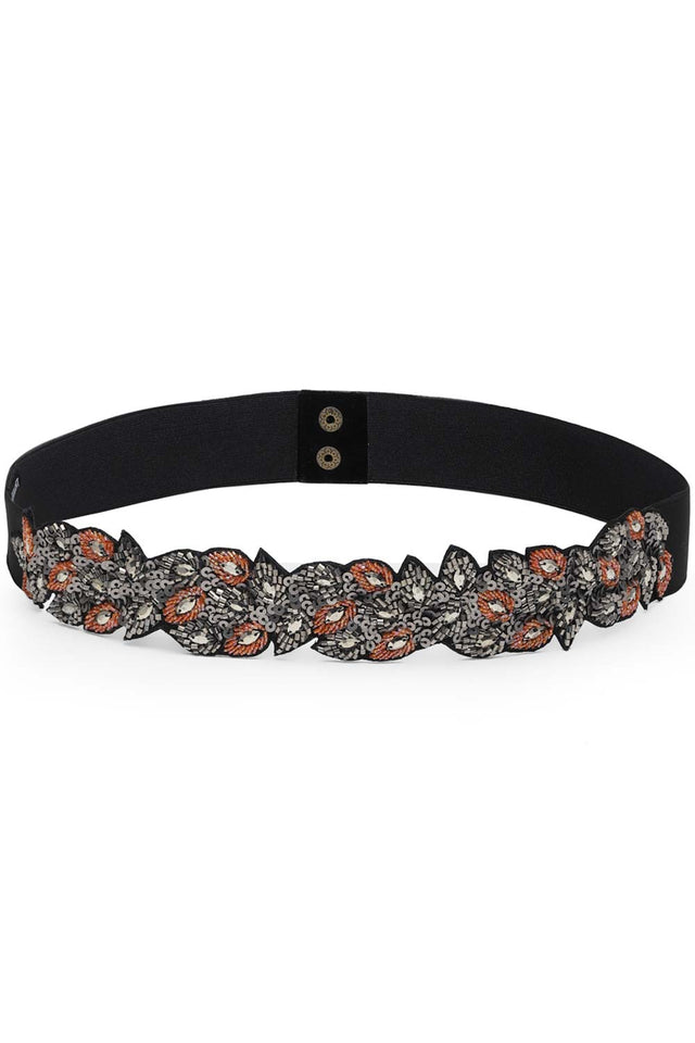 Botanical Sequins Cut Work Waist Belt In Black & Silver & Rust