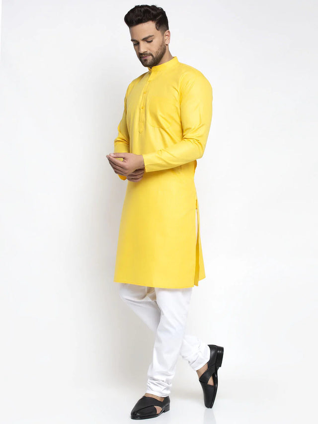 Men's Lemon Cotton Solid Kurta Set