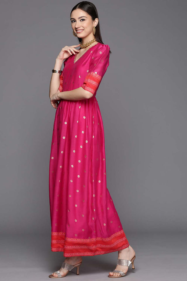 Pink Chanderi Gold Foil Print Dress