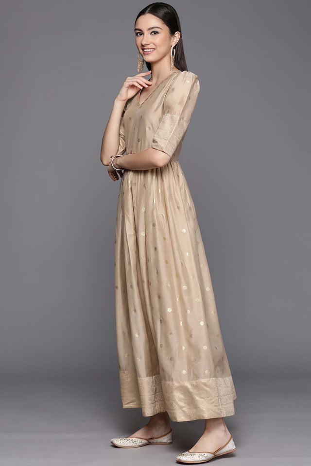 Beige Chanderi Gold Foil Print Dress