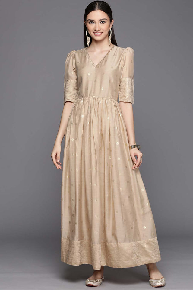 Beige Chanderi Gold Foil Print Dress