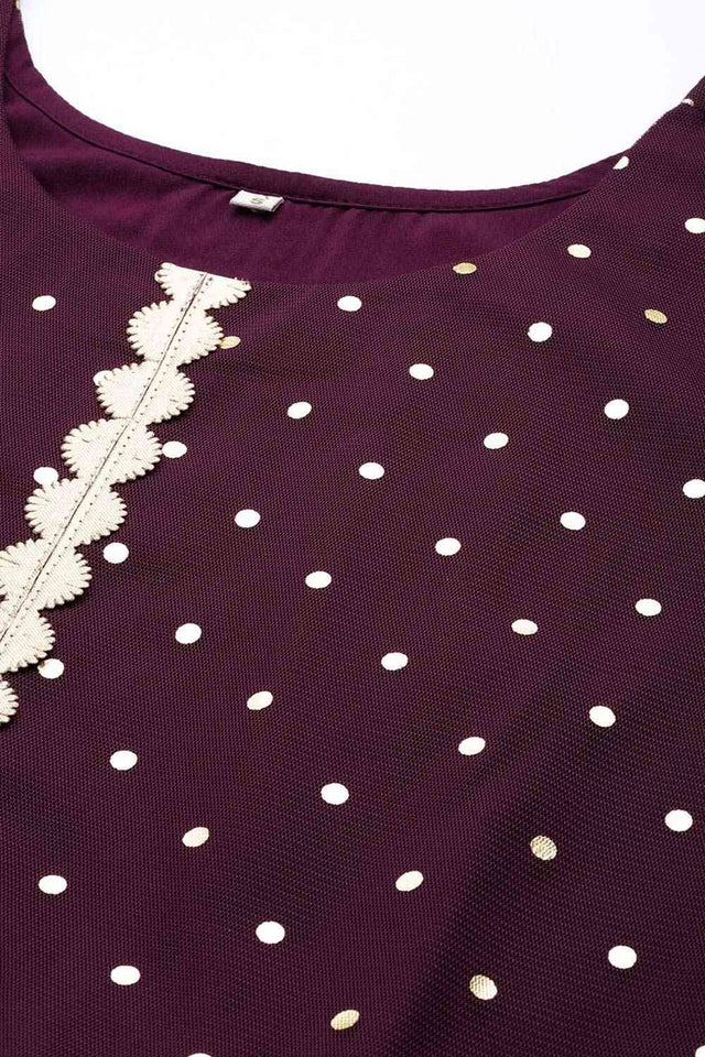 Buy Wine Net Polka Dot Foil Printed Dress Online - Front