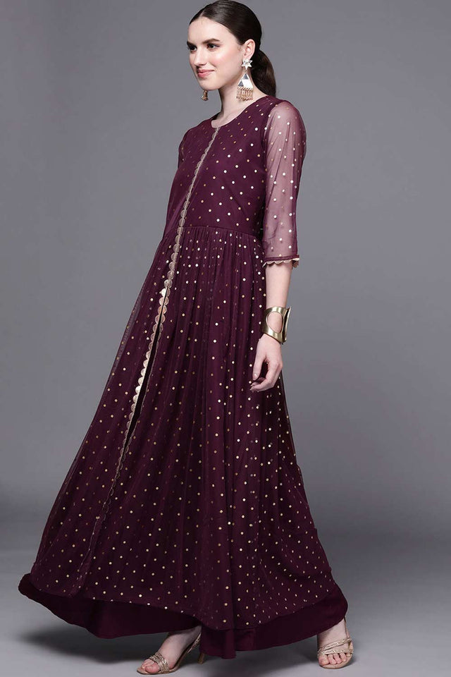 Buy Wine Net Polka Dot Foil Printed Dress Online - Side