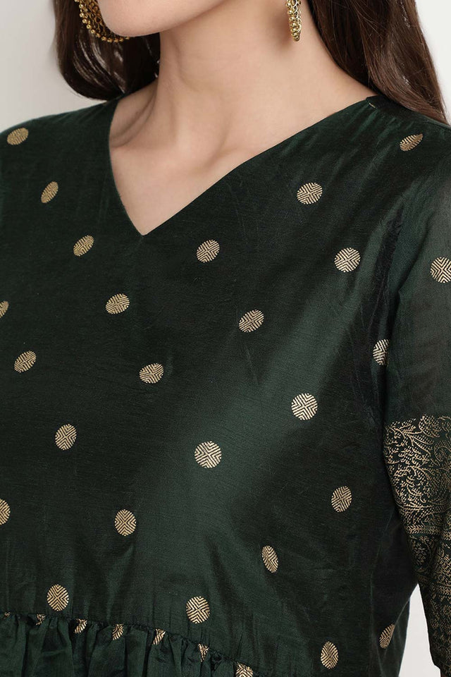 Dark Green Chanderi Polka Dot Printed Kurti