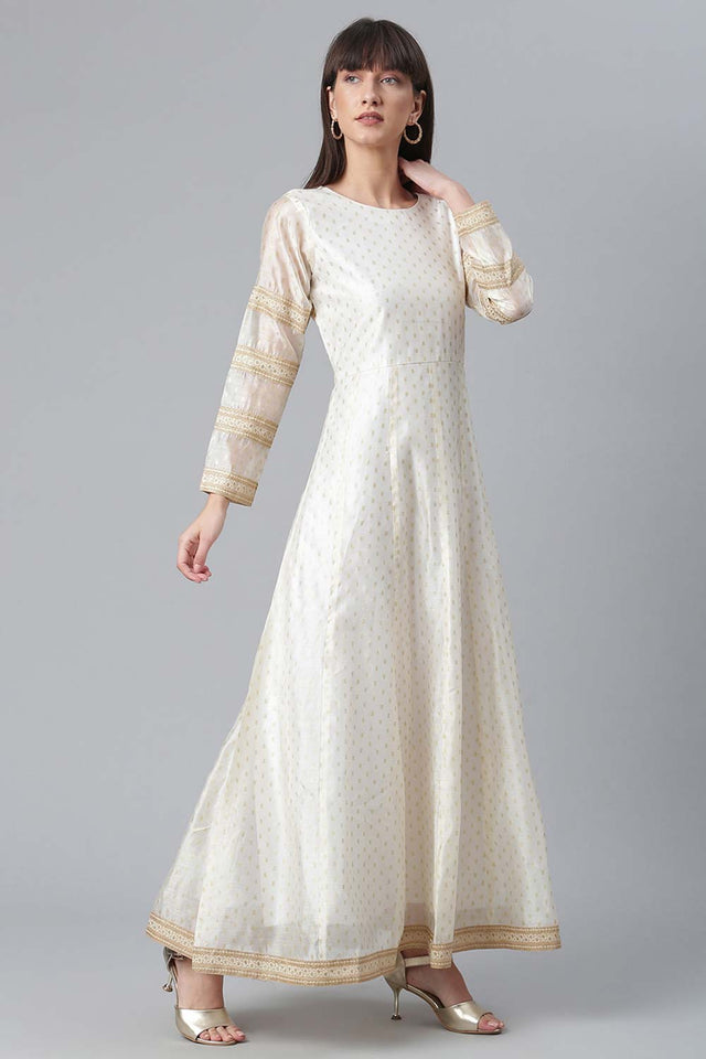 Cream Chanderi Gold Print Anarkali Kurti Dupatta Set