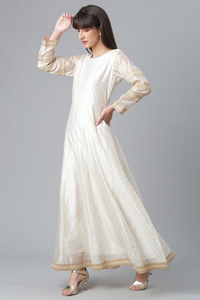 Cream Chanderi Gold Print Anarkali Kurti Dupatta Set