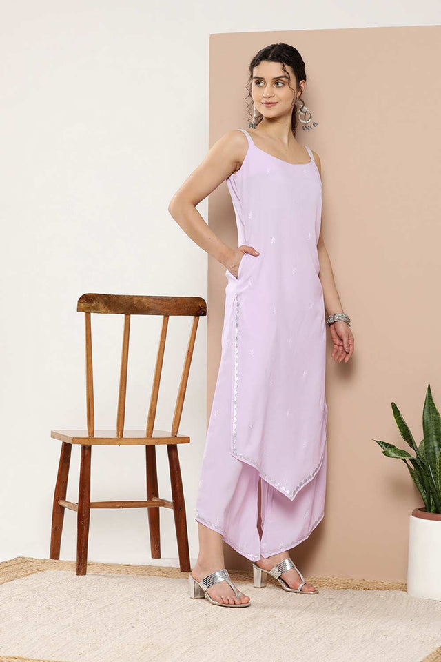 Buy Lavender Poly Crepe Printed Kurta Palazzo Set With Dupatta Online