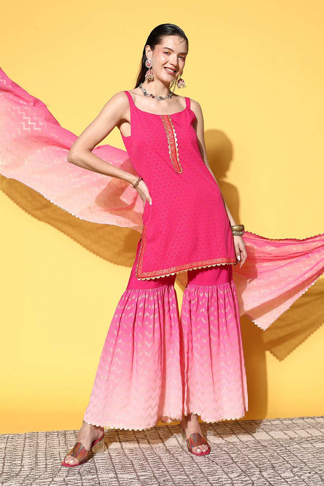 Buy Pink Poly Crepe Kurti Sharara Set With Dupatta Online