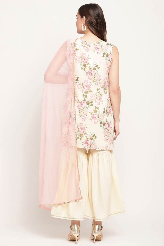 Women Beige Crepe Digital Floral Print Sharara Suit Set With Dupatta
