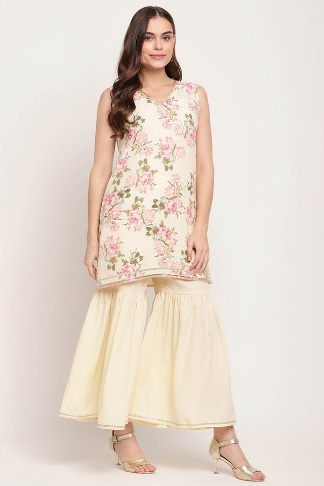 Women Beige Crepe Digital Floral Print Sharara Suit Set With Dupatta