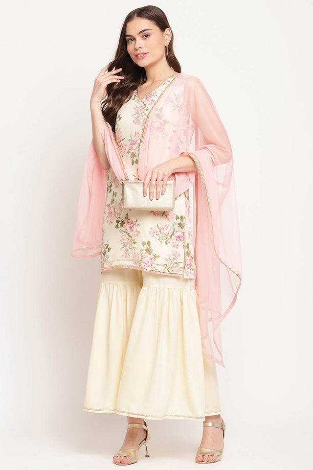 Women Beige Crepe Digital Floral Print Sharara Suit Set With Dupatta
