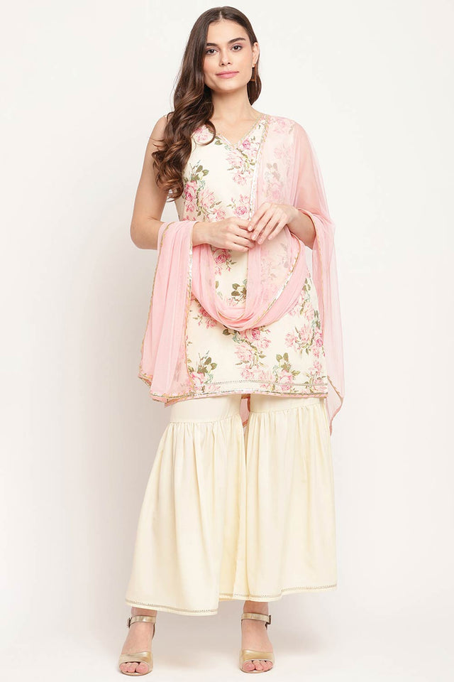 Women Beige Crepe Digital Floral Print Sharara Suit Set With Dupatta