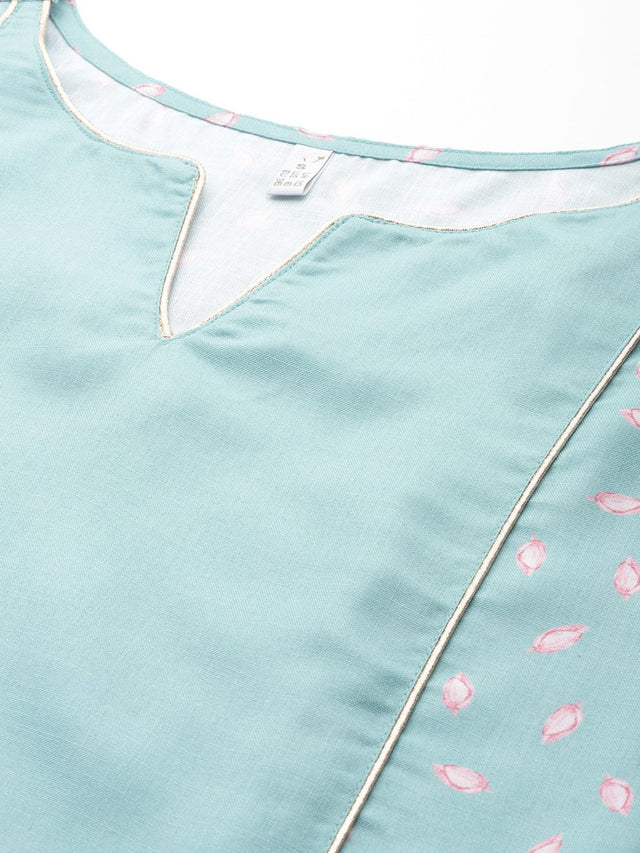 Women's Blue Cotton Blend Printed Kurti Pant Set