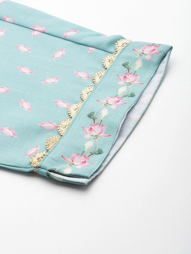 Women's Blue Cotton Blend Printed Kurti Pant Set