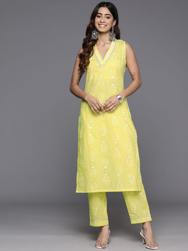 Women's Yellow Pure Cotton Printed Kurti Pant Set