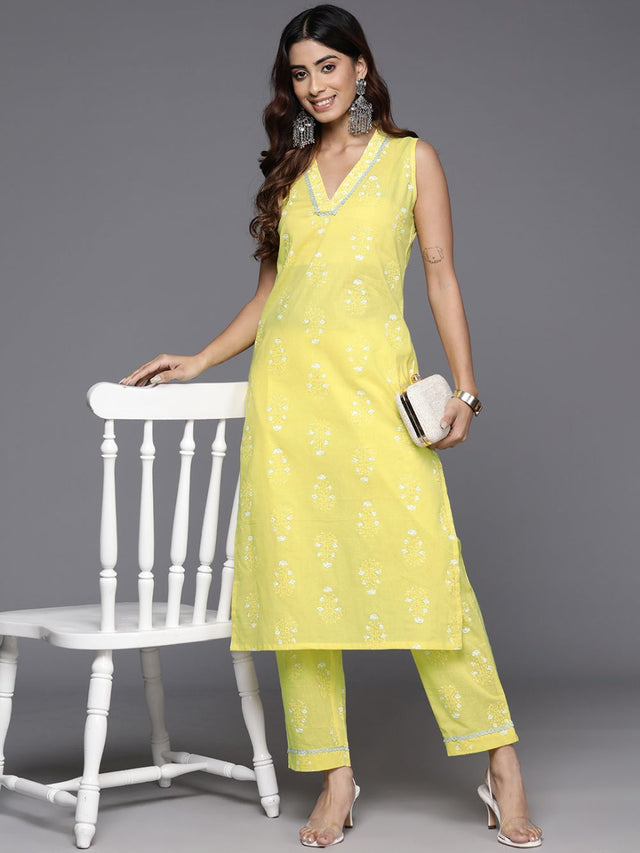 Women's Yellow Pure Cotton Printed Kurti Pant Set