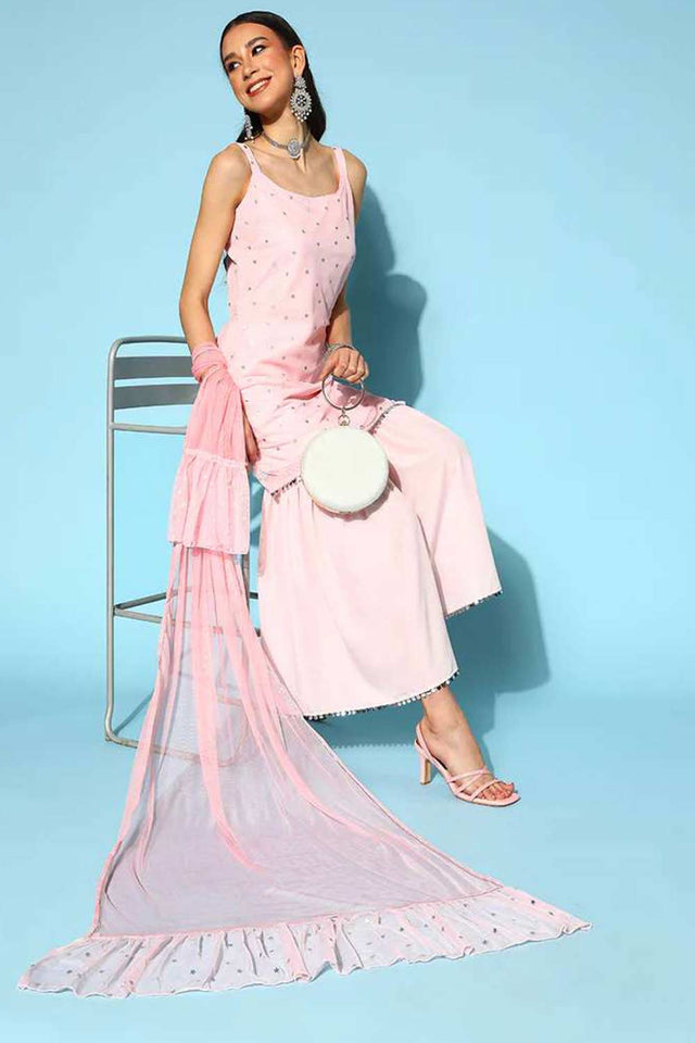 Pink Color Crepe Silver Foil Printed Sharara Suit Set