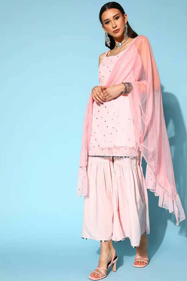 Pink Color Crepe Silver Foil Printed Sharara Suit Set