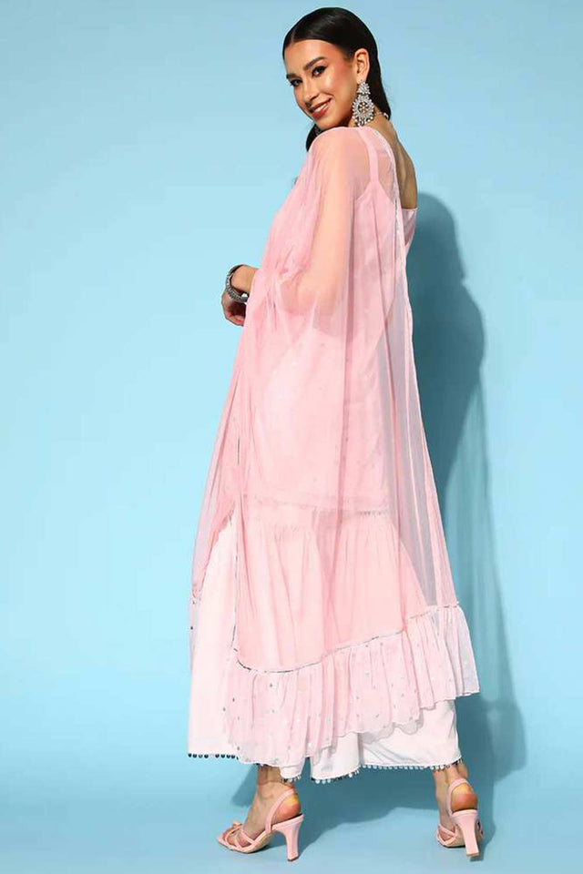 Pink Color Crepe Silver Foil Printed Sharara Suit Set