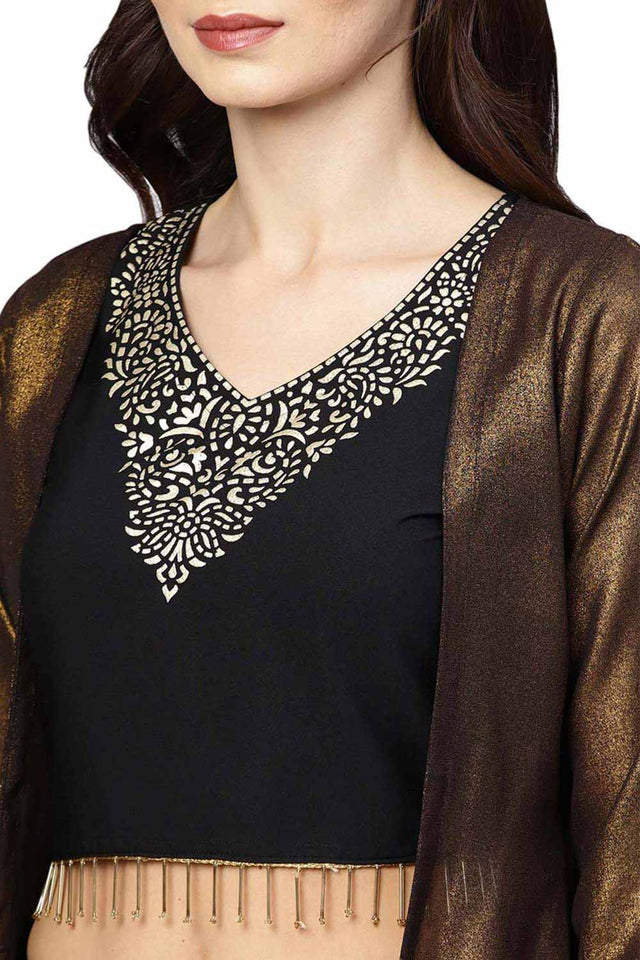 Buy Crepe Foil Print Tops Set in Royal Blue - Zoom in