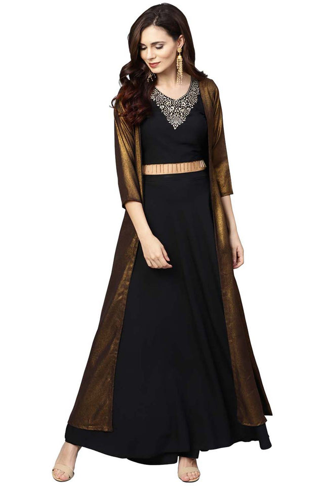 Buy Crepe Foil Print Skirt Set in Royal Blue