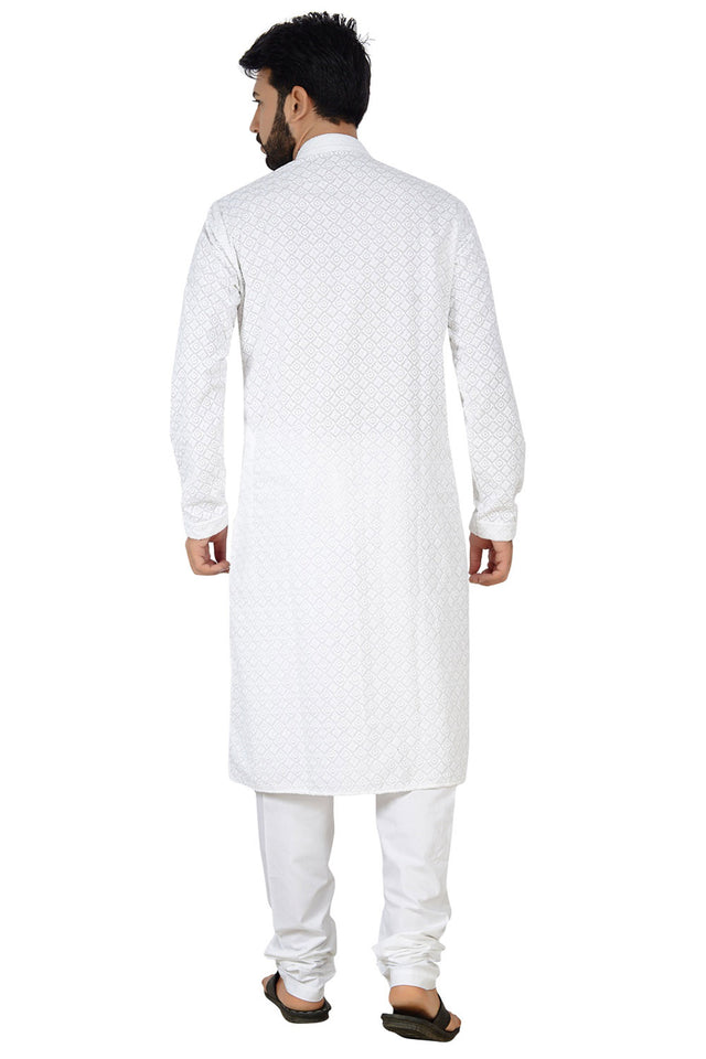 Men's Cotton Polly Embroidery Kurta With Pajama In White