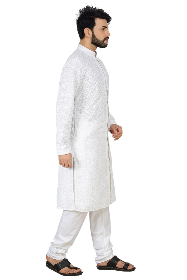 Men's Cotton Polly Embroidery Kurta With Pajama In White