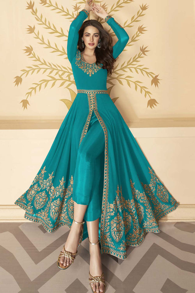 Sky Blue Georgette Resham Embroidery Pant Suit Set
