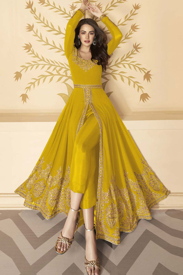 Yellow Georgette Resham Embroidery Anarkali Suit Set