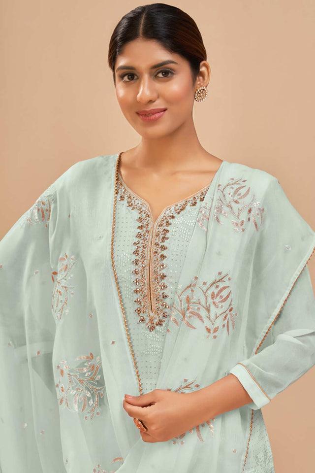 Sky Blue Georgette Embroidered Straight Kurta Suits Set