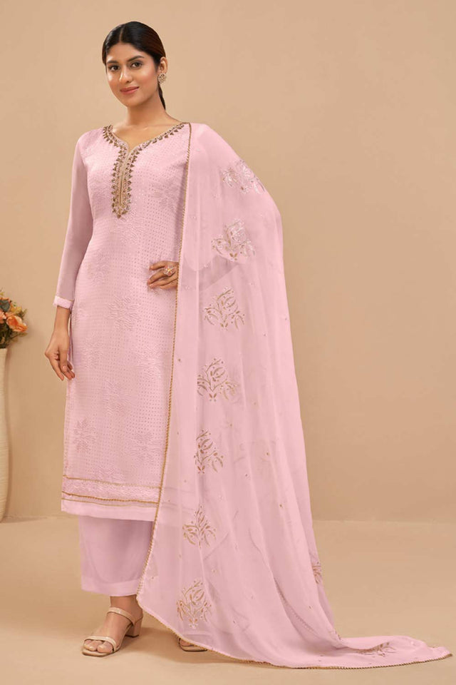 Buy Light Pink Georgette Embroidered Straight Kurta Suits Set Online - KARMAPLACE