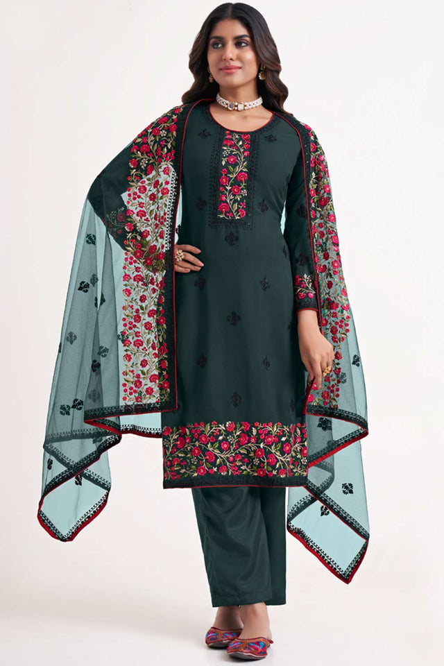 Buy Dark Teal Georgette Embroidered Straight Kurta Suits Set Online - KARMAPLACE