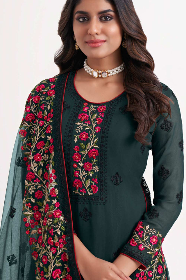 Dark Teal Georgette Embroidered Straight Kurta Suits Set