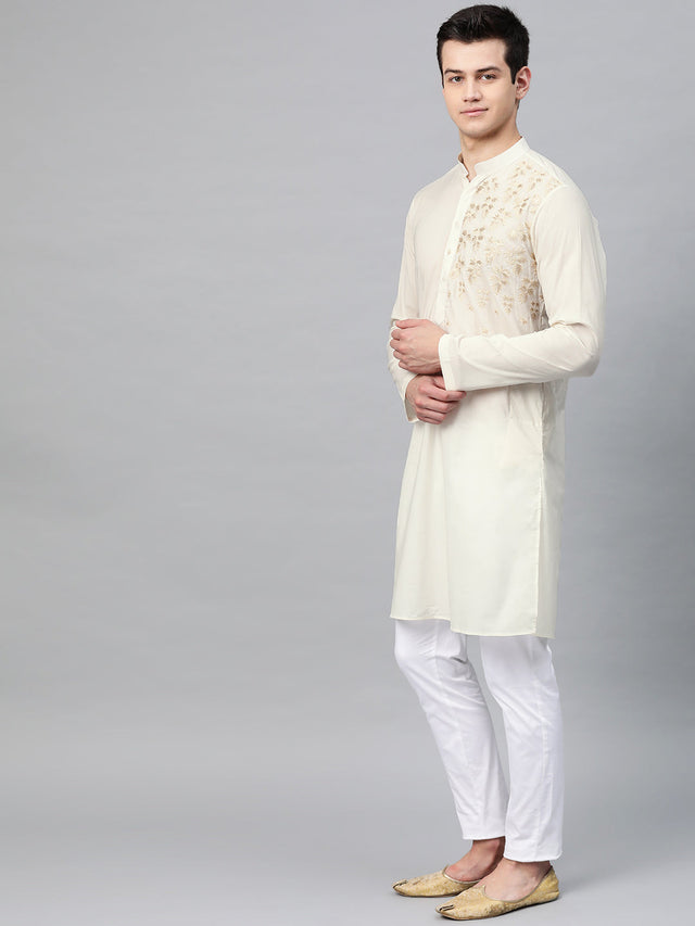 Buy Men's Off White Cotton Thread Work Embroidered Straight Kurta Online - Side