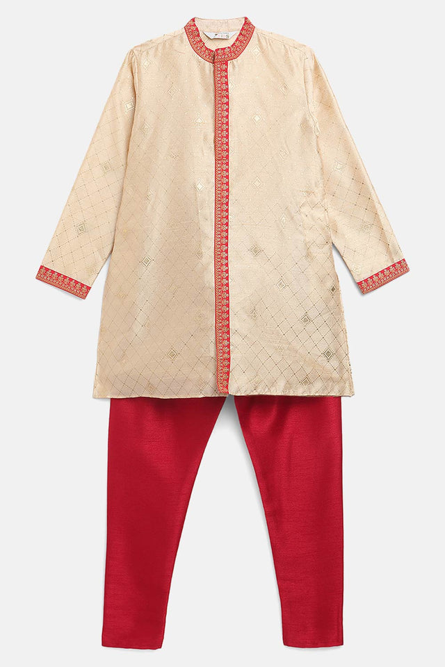 Boys Beige Poly Silk Gold Print Kids Kurta Churidar Set