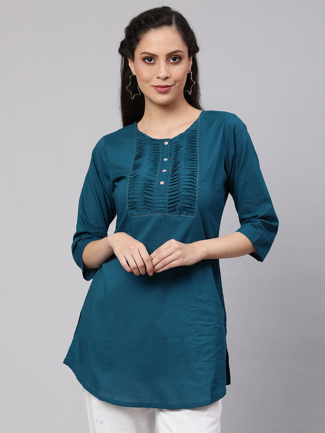 Teal Pure Cotton Solid Tunics