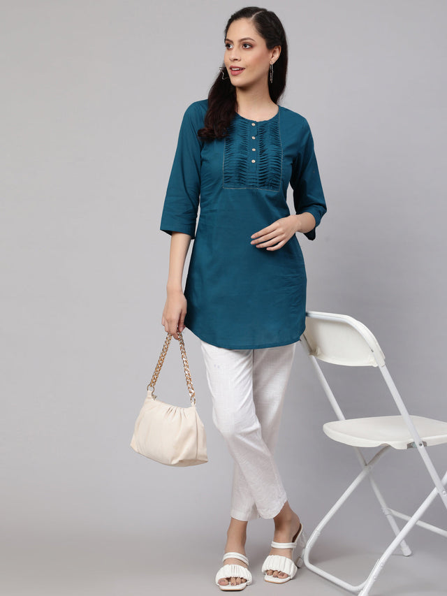 Teal Pure Cotton Solid Tunics
