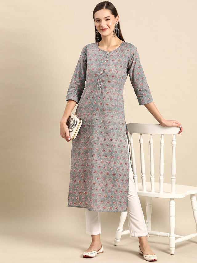 Grey Pure Cotton Printed Kurti