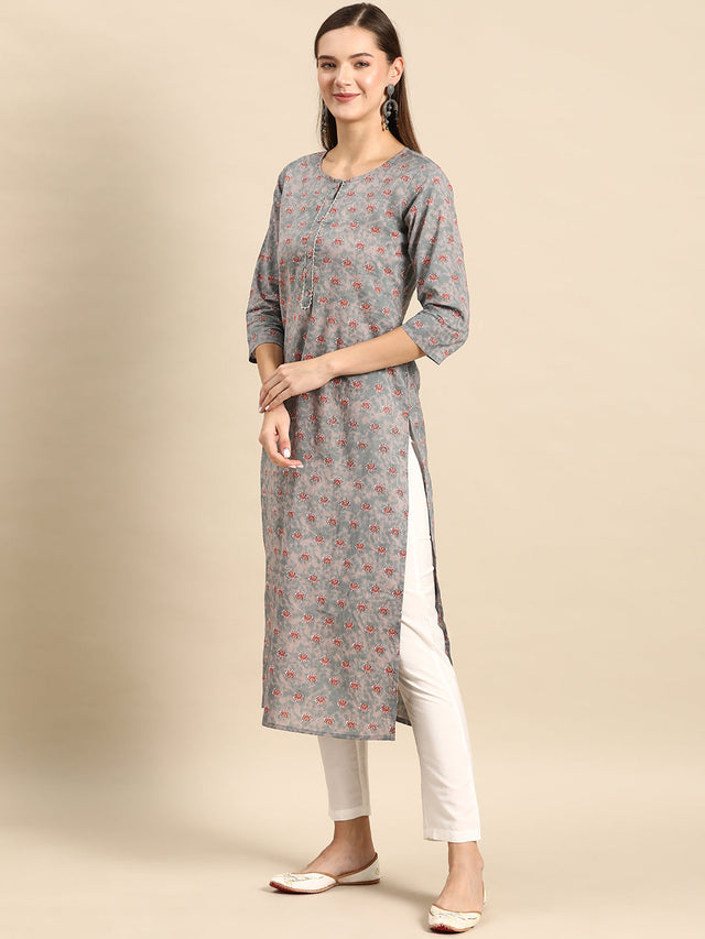 Grey Pure Cotton Printed Kurti